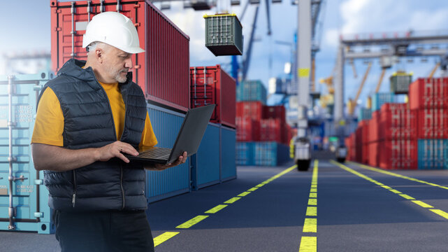 Container logistics. Port logistics manager monitors container terminal operations with a laptop, coordinating cargo handling, freight movement and international shipping.