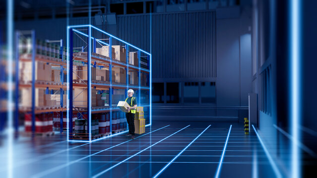 Warehouse automation. Digital twin technology visualizes smart warehouse operations, where a worker manages inventory, storage systems and automated logistics processes.