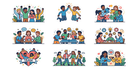 Fototapeta premium Team Bonding & Social Wellness Icons – Workplace Teamwork Vector Illustration Set