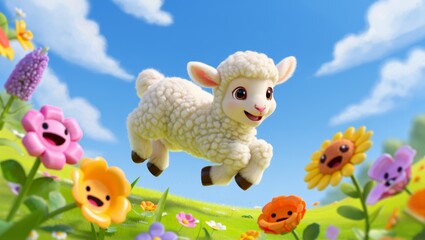Naklejka premium Cute Cartoon Lamb Jumping in a Field of Whimsical Flowers