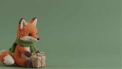 Naklejka premium Knitted fox in green scarf sits beside small wrapped gift on soft green background.