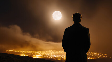 Fototapeta premium A solitary figure stands silhouetted against a luminous full moon, gazing over a sprawling, illuminated cityscape at night. The warm glow of the city lights contrasts with the cool.
