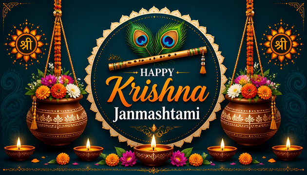 Happy Krishna Janmashtami Elegant Greeting Banner with Hanging Pots and Diyas