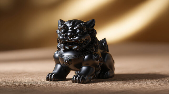 A black foo dog statue with detailed fur and fierce expression, representing protection and good fortune