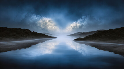 Fototapeta premium Dramatic stormy clouds gather over a tranquil lake, reflecting the moody sky and surrounding misty hills. The scene evokes a sense of awe and mystery