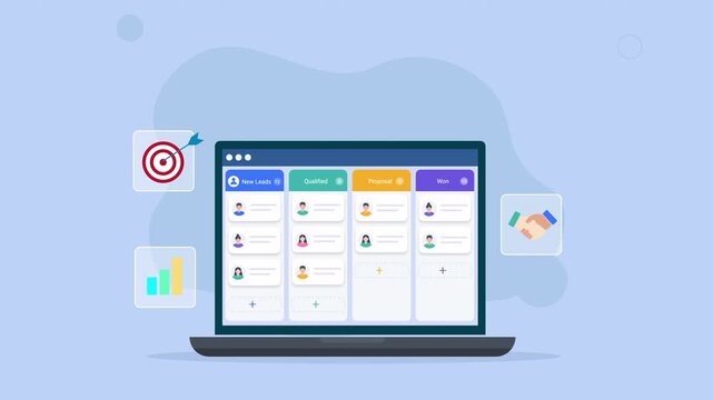 Modern flat vector animation of a laptop displaying a kanban task dashboard with target, analytics, marketing, and digital campaign management elements.