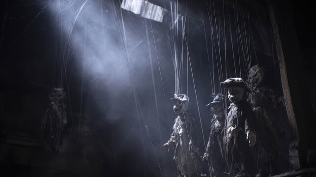 A group of eerie puppets hanging from strings in a dimly lit room, illuminated by a single beam of light