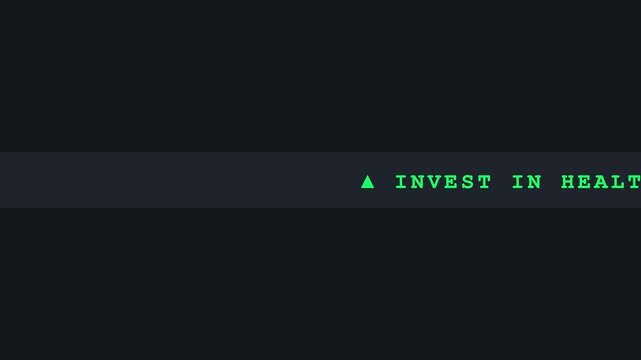 Invest in health +100% digital ticker display: financial growth concept for wellness, medical insurance, and healthcare investment animation 4k