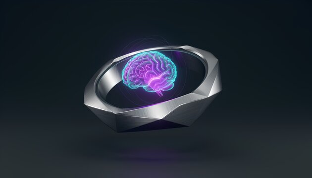 3D illustration of a futuristic medical scanner featuring a brushed silver ring projecting a glowing neon purple and cyan brain hologram