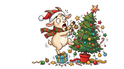 Fototapeta premium Funny Christmas goat trying to decorate a Christmas tree, standing on a tiny gift box, ornaments falling everywhere, exaggerated surprised expression, Santa hat and festive scarf, whimsical cartoon 
