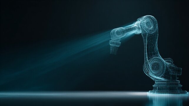 Wireframe hologram of industrial robotic arm projecting bright cyan light beam on dark floor ideal for automated manufacturing cyber technology and futuristic engineering presentations