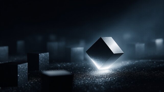 Abstract dark geometric background with glowing black cube balancing on corner over sparkling surface ideal for luxury product display minimal graphic design and modern templates