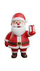 Fototapeta premium Cute 3D Santa Claus holding a Christmas gift with a red ribbon