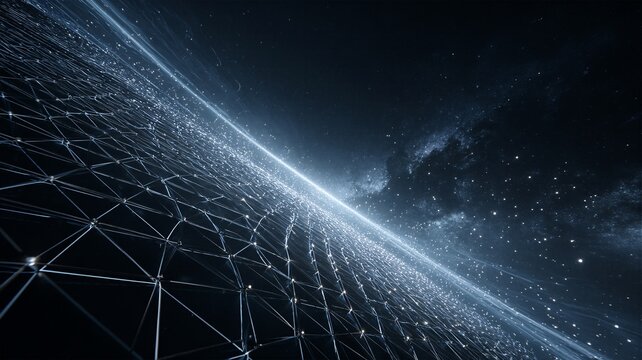 Futuristic vast digital network grid extending into starry space horizon symbolizing global internet connectivity cyberspace exploration and advanced artificial intelligence technologies
