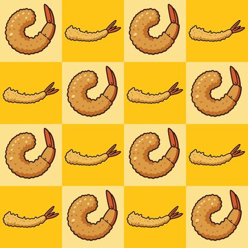 Yellow and cream checkered seamless pattern background with fried ebi tempura shrimp