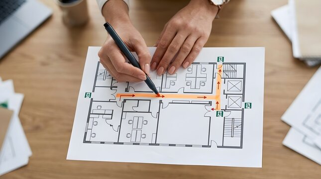 Close-up of hands holding a pen, tracing a highlighted evacuation pathway on a floor plan.