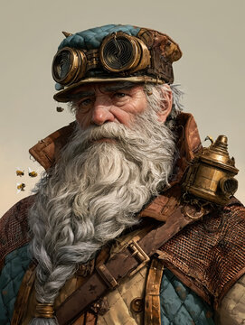Detailed steampunk portrait of an elderly bearded inventor wearing brass goggles, rugged clothing and mechanical equipment, with tiny bees hovering nearby.