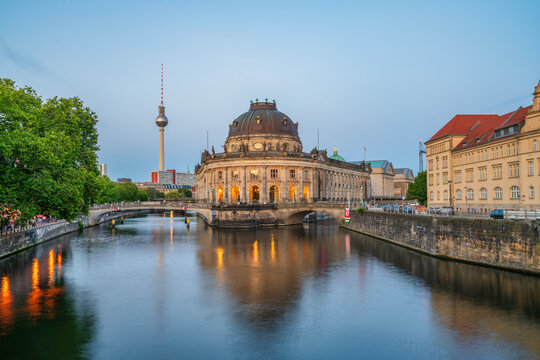 Bode museum at museum island on Spree river at sunset. Berlin, Germany
