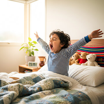 Latino Boy Yawning in Bed in the Morning