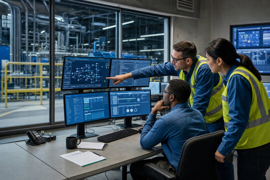 Critical infrastructure security team monitors industrial control systems and plant operations from a secure control room.