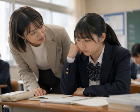 学校生活の悩みを気にかける先生と高校生