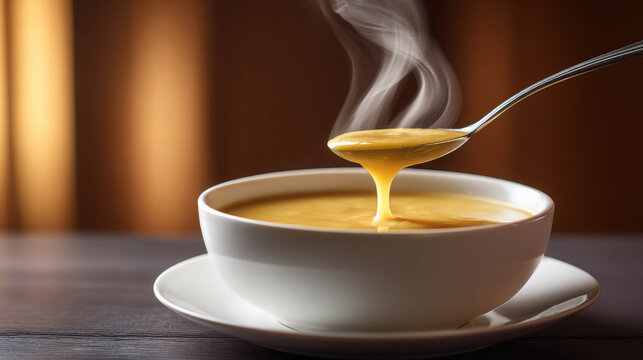 A close-up shot of a spoonful of steaming hot soup being lifted from a white bowl. The soup is a rich golden color, and wisps of steam rise from it, indicating warmth and comfort