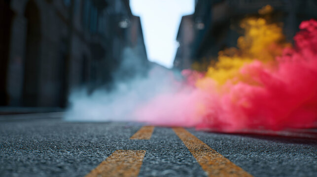 Colorful smoke bombs illuminate a city street with vibrant red and yellow plumes. The smoke creates a dramatic atmosphere against the backdrop of urban buildings.