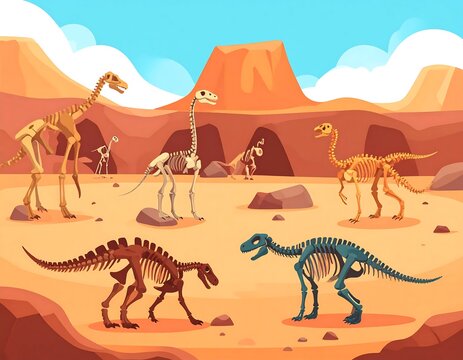Dinosaurs and prehistoric creatures in desert landscape.