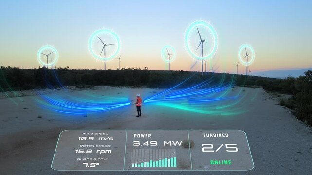 Futuristic renewable energy concept showing an engineer monitoring multiple wind turbines through a digital interface with real-time wind speed, power generation and turbine performance data