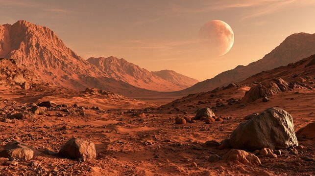 Red rocky desert surface of planet Mars with big full red moon over distant mountains shows alien extraterrestrial planetary landscape