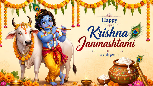 Happy Krishna Janmashtami Greeting Banner with Bal Krishna and Holy Cow