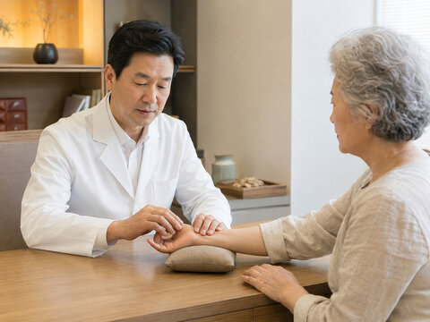 Practitioner Checking Patient Pulse During Traditional Medicine Consultation