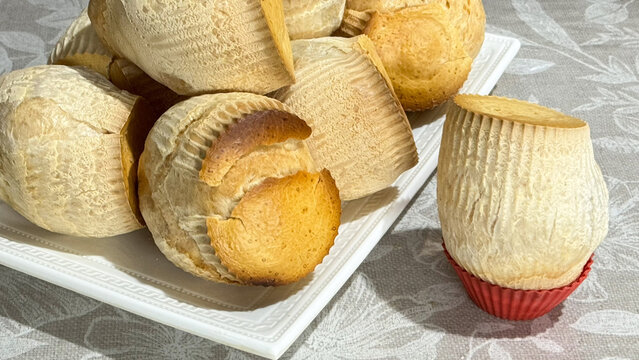 Delicious cassava starch muffins (homemade baked treats made with sour cassava starch). Fresh muffin with a crispy crust and an airy interior. Muffin. Cheese muffin.