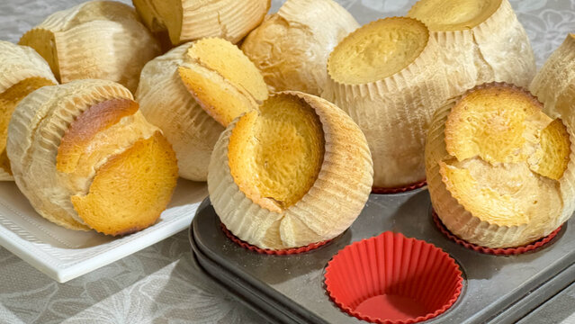 Delicious cassava starch muffins (homemade baked treats made with sour cassava starch). Fresh muffin with a crispy crust and an airy interior. Muffin. Cheese muffin.