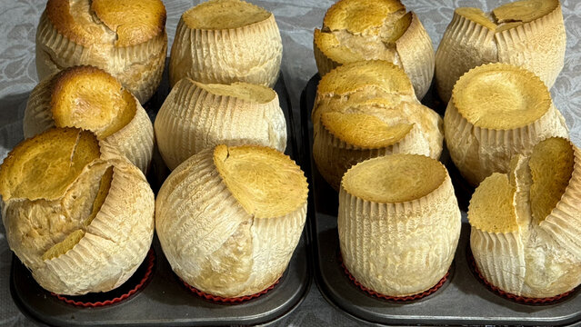 Delicious cassava starch muffins (homemade baked treats made with sour cassava starch). Fresh muffin with a crispy crust and an airy interior. Muffin. Cheese muffin.