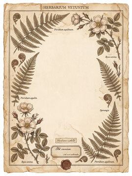 Vintage herbarium fern and rose frame with copy space