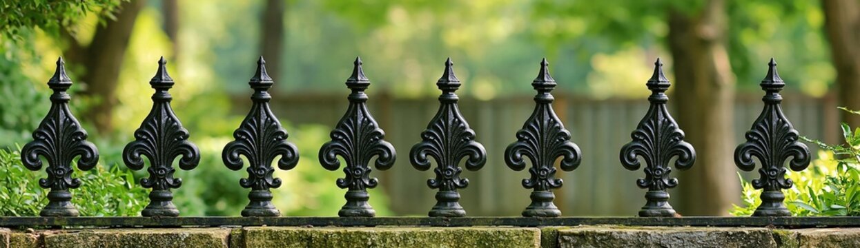 Row of ornate black cast iron decorative fence finials mounted on mossy stone wall with blurry green garden background shows classic ornamental garden fencing detail