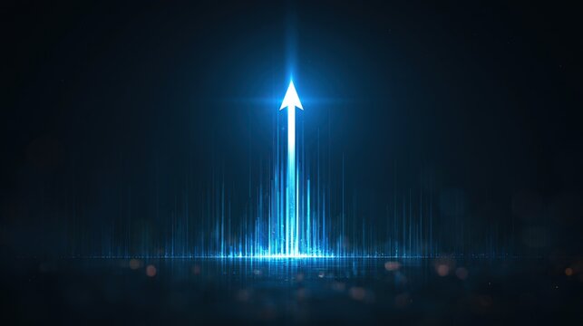 Glowing bright blue upward arrow formed from digital vertical bars on dark blue background shows business growth digital progress and future development concept