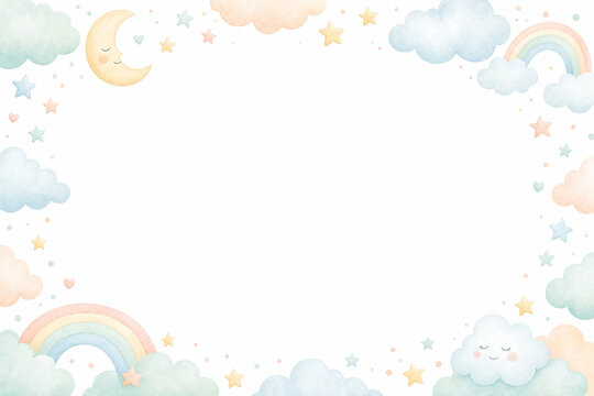Soft pastel nursery cloud border with rainbow moon and copy space