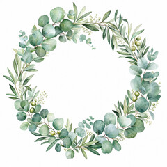 Watercolor green eucalyptus and olive branch wreath with copy space © Shane