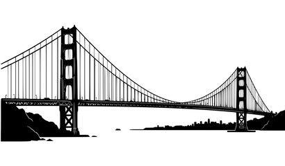 Fototapeta premium Golden Gate Bridge Silhouette Vector Illustration, Black San Francisco Landmark Isolated on White Background
