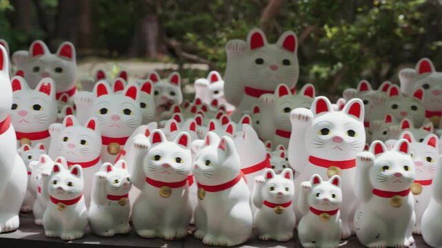 Countless white Maneki Neko lucky cat statues displayed at Gotokuji Temple, creating an eye-catching scene that represents luck, wealth, and happiness in Japanese tradition.