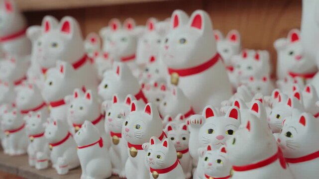 Close-up video of hundreds of iconic Maneki Neko lucky cat statues at Gotokuji Temple in Tokyo, being the symbols of fortune, prosperity, and traditional Japanese culture.