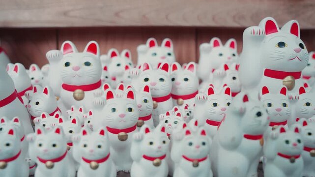 Hundreds of famous white Maneki Neko cat figurines at Gotokuji Temple, highlighting a beloved symbol of good luck, prosperity, and Japanese folklore.