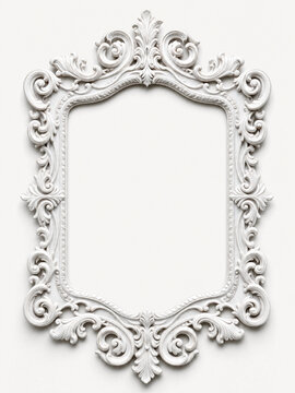 Ornate carved white wood rococo frame border with copy space
