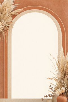 Boho arched terracotta frame border with pampas grass and copy space