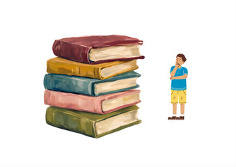 Confused Boy Thinking Next to a Stack of Colorful Books, Hand-Painted Illustration