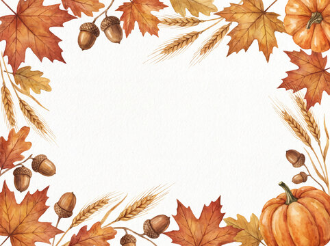Watercolor autumn leaf border with acorns and copy space