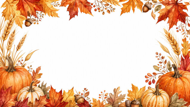 Watercolor autumn leaf border with pumpkins and copy space