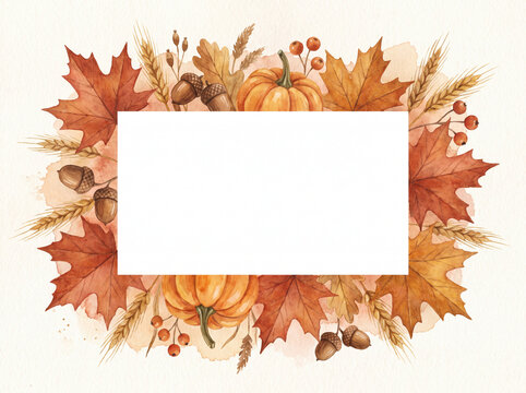 Watercolor autumn border pumpkins maple leaves acorns wheat copy space